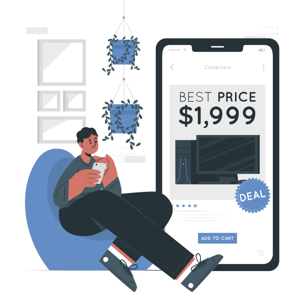 A person sits in a cozy chair using a phone, next to a large phone screen displaying a $1,999 computer deal.