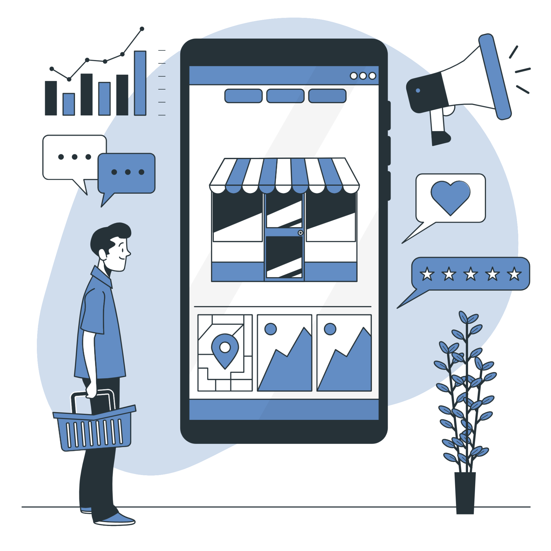 Illustration of a man with a shopping basket facing a giant smartphone displaying a storefront.